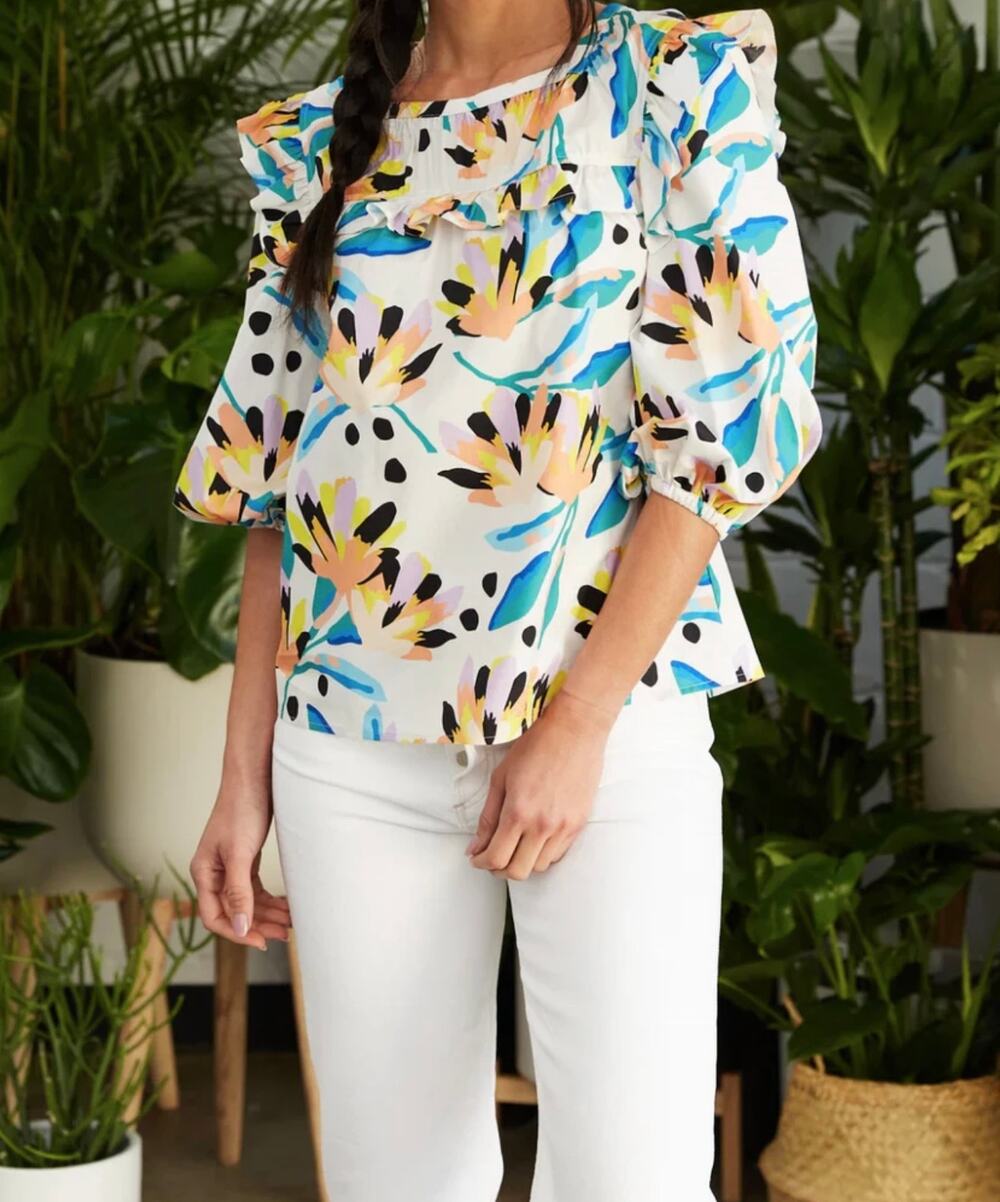Crosby by Molly Burch Floral Ruffle Blouse Feminine Mae Top island Lillies Small